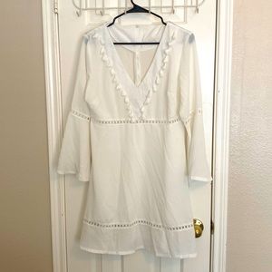 White Long Sleeved V-neck Dress - size L - perfect for brides!